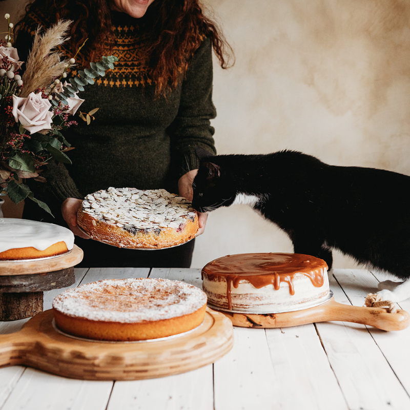 Person holding a cake with a cat sniffing another cake on a wooden table.