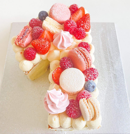 Number 1 Birthday Cake with strawberries and macarons