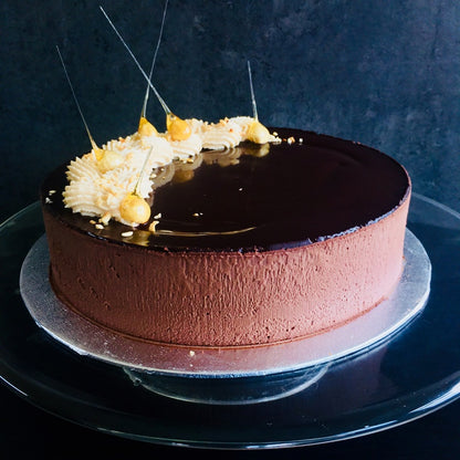 A Torta Setteveli chocolate cake with hazelnut mousse and chocolate sponge layers. Made by Italian bakery Biscotti di Debora of Cambridge.