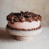 Chocolate frosted cake on a decorative stand with a neutral background